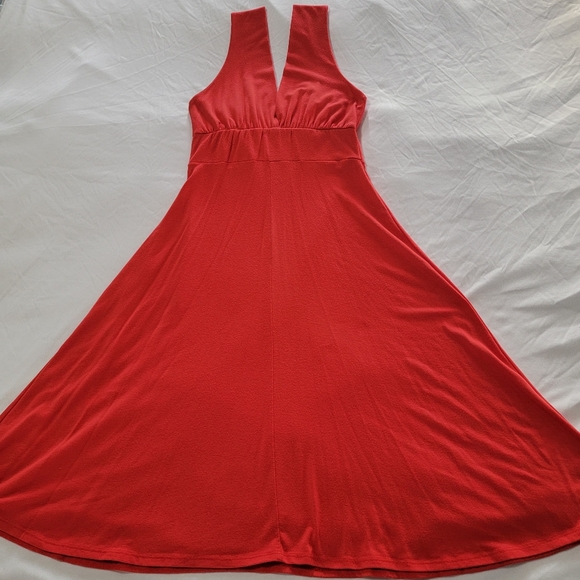 Deep Plunge V-Neck Front & Back, A-Line Midi Dress, Red, Size Large - Picture 6 of 12